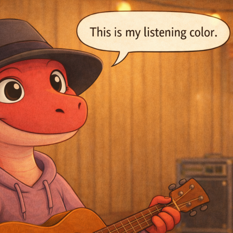 a red cartoon dinosaur plays guitar