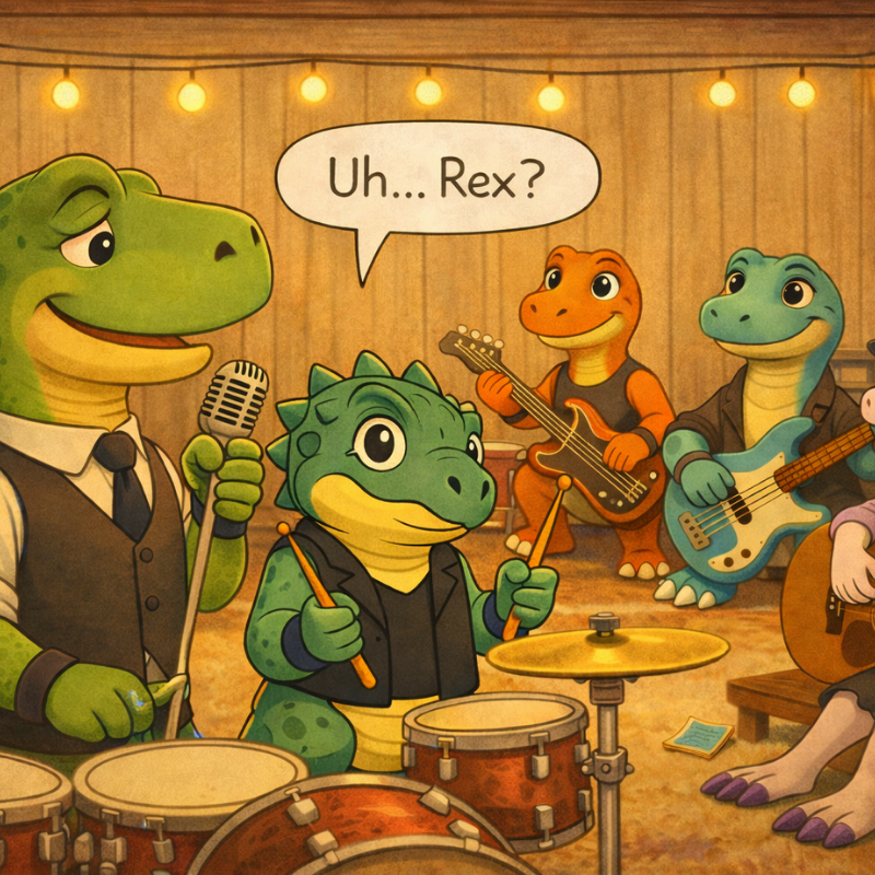cartoon dinosaurs play in a band
