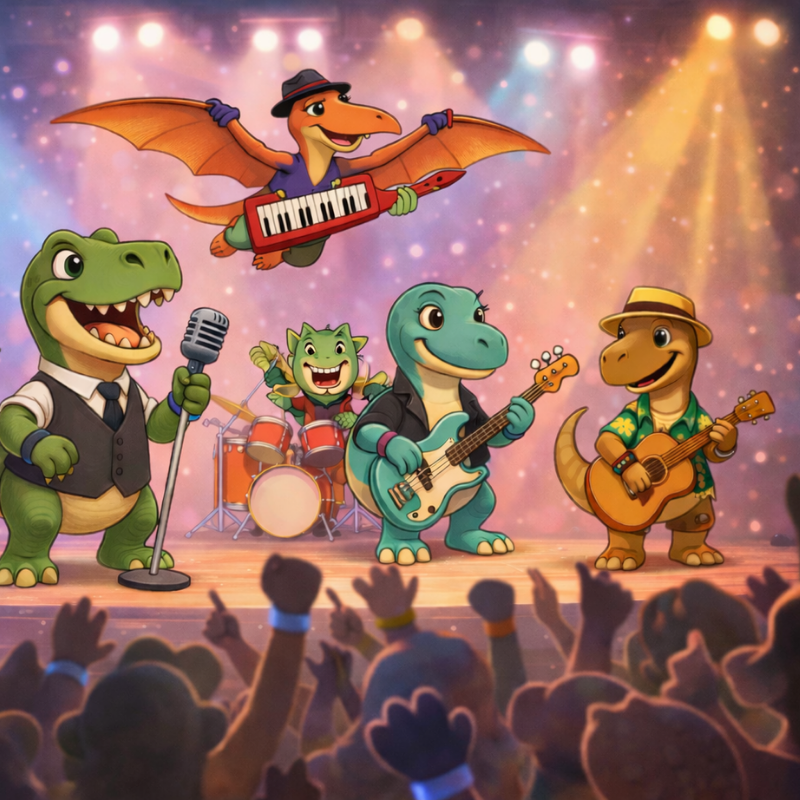 cartoon dinosaurs on stage