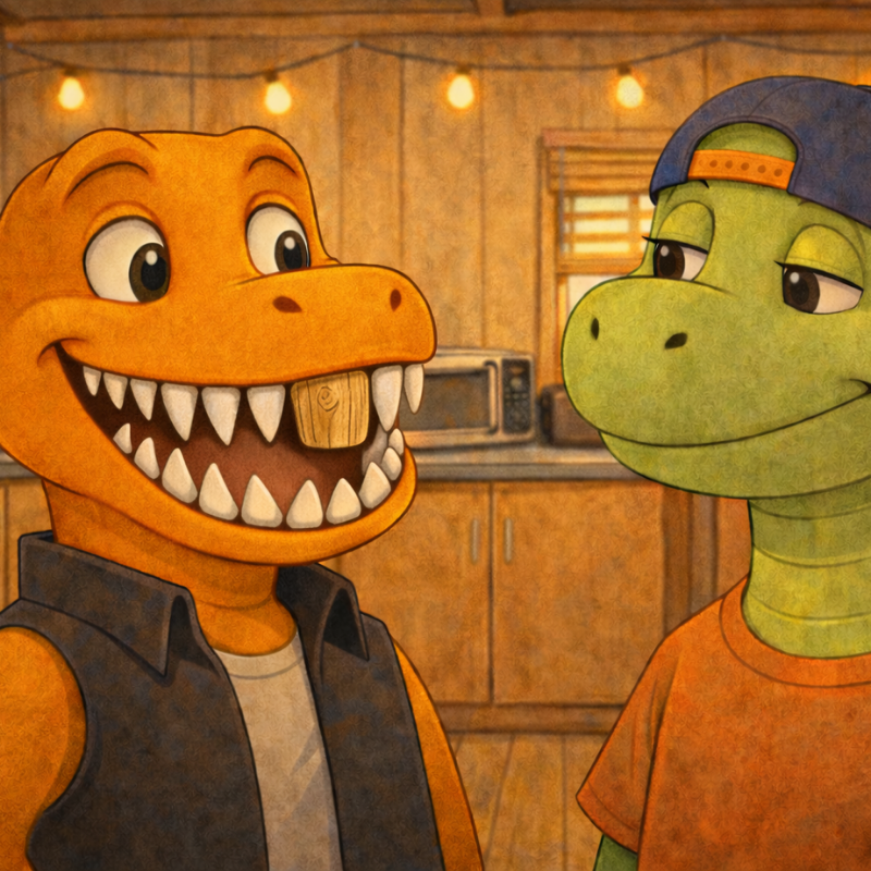 a cartoon dinosaur with a wooden tooth