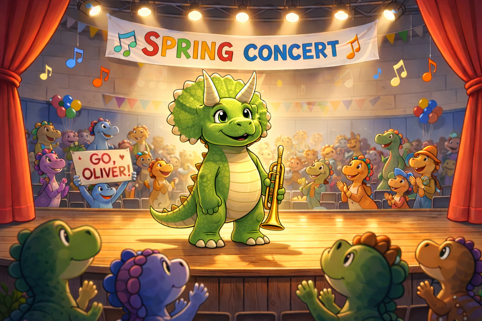 Oliver the triceratops overcoming stage fright.