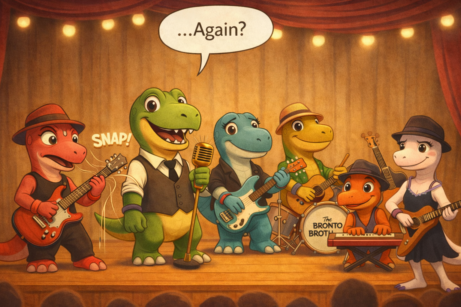 Cartoon dinosaurs playing on stage