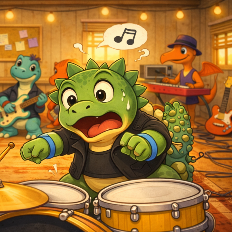 thumper the green dino throws a drum stick