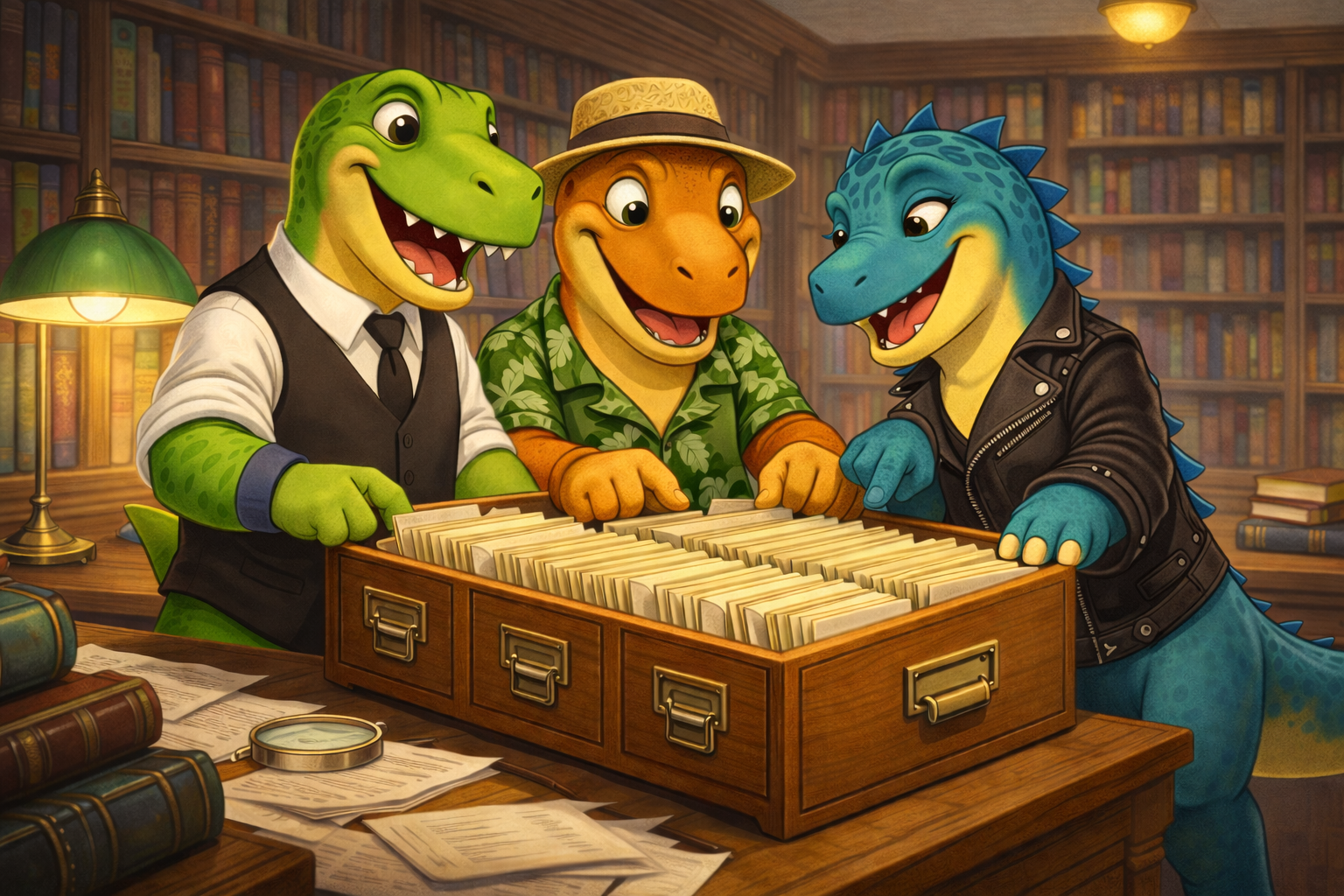 Dinosaurs exploring the card catalog