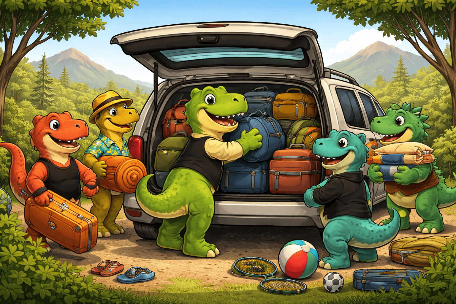 Cartoon dinosaurs are packing an SUV with a lot of luggage.