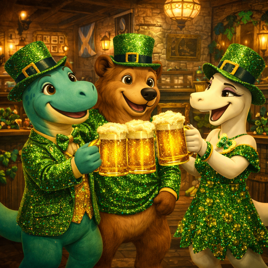 Cartoon dinosaurs cheering with a mug of beer