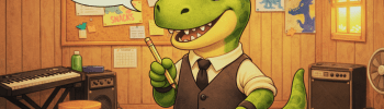 A cartoon dinosaur standing in his music room thinking about riding the bridge to a song