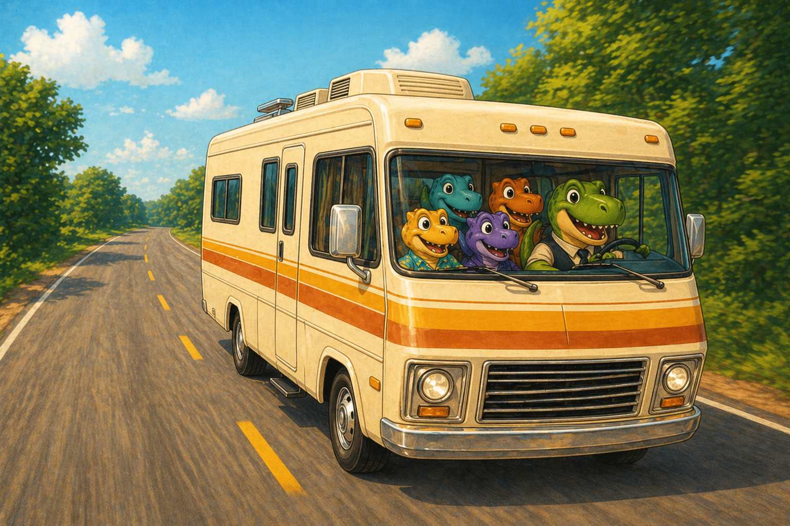cartoon dinosaurs in a motorhome
