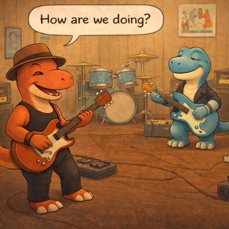 Red cartoon dinosaur playing a guitar