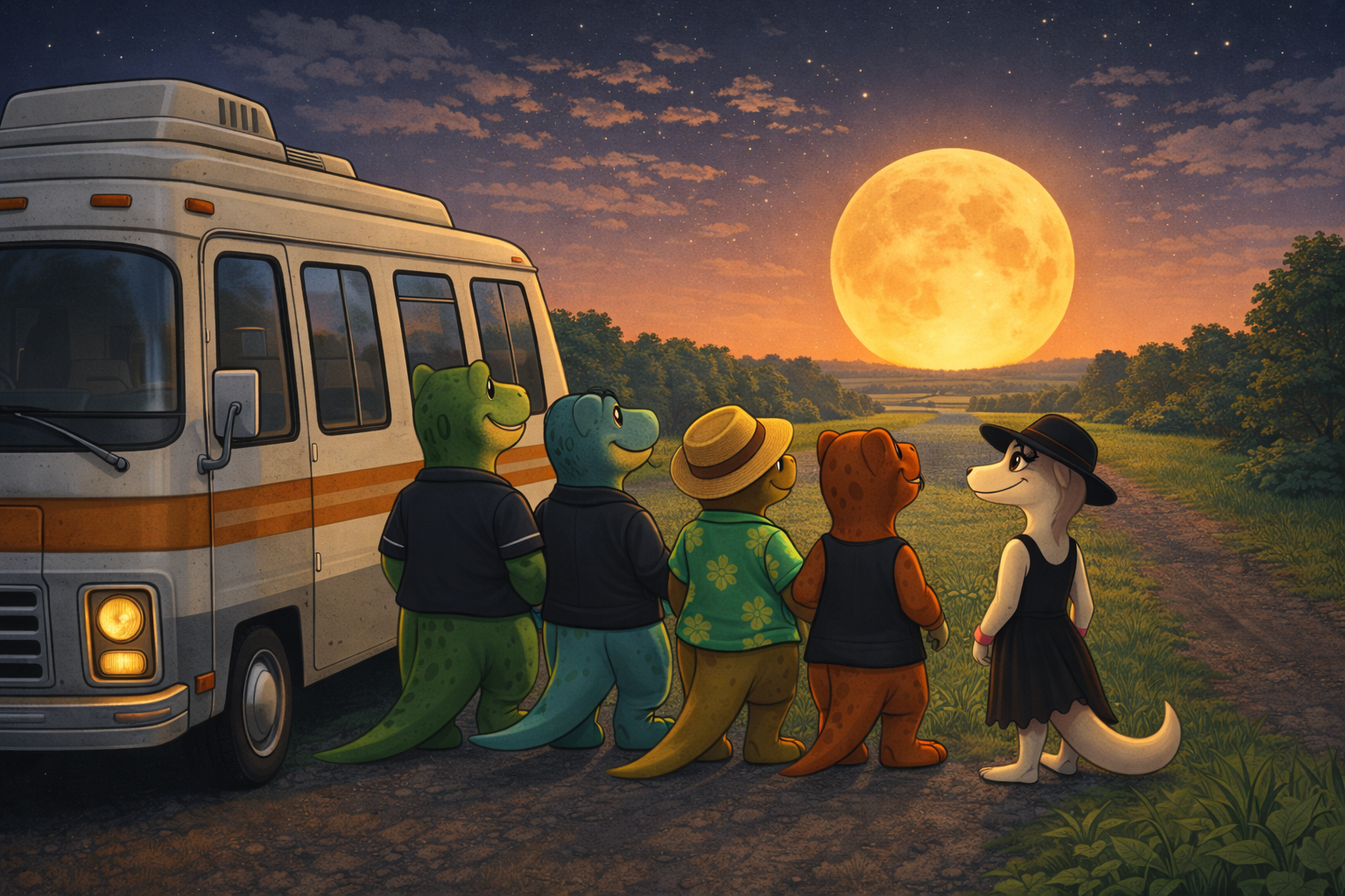 cartoon dinosaurs look at the pink moon rising