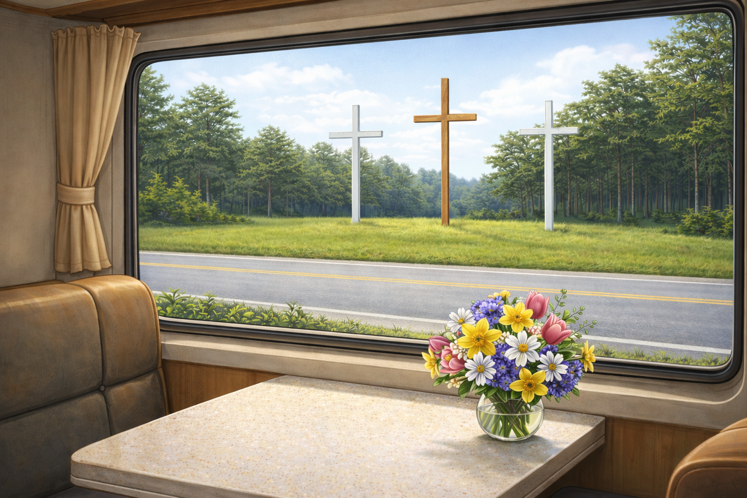 cartoon view of roadside crosses