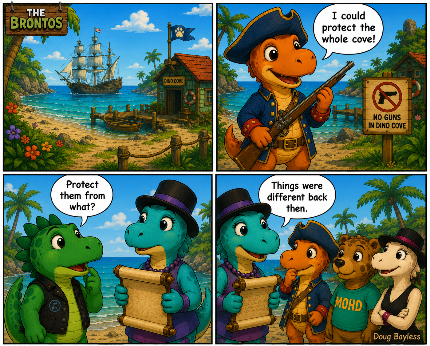 The Second Amendment - One eager young defender believes he can guard all of Dino Cove, but the others have an important question: Protect it from what?