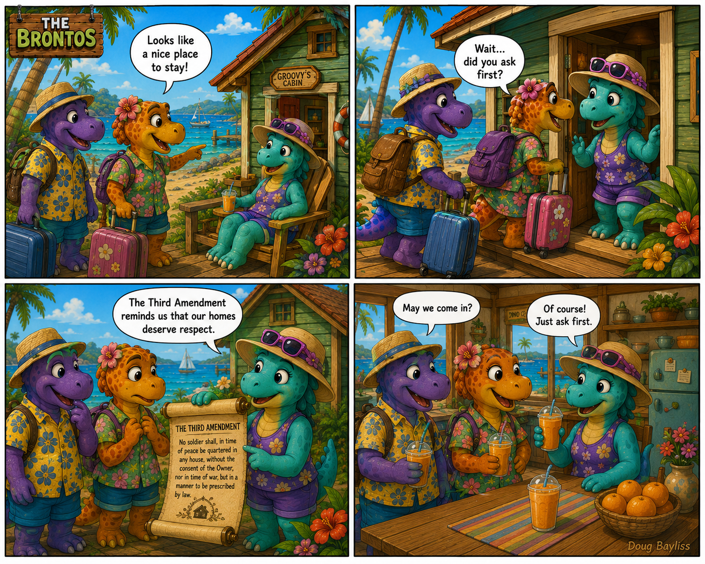 When the Brontos learn soldiers cannot move into someone’s home without permission, they discover how the Third Amendment protects people’s homes and privacy. Even dinosaurs deserve to feel safe and secure in their own caves!